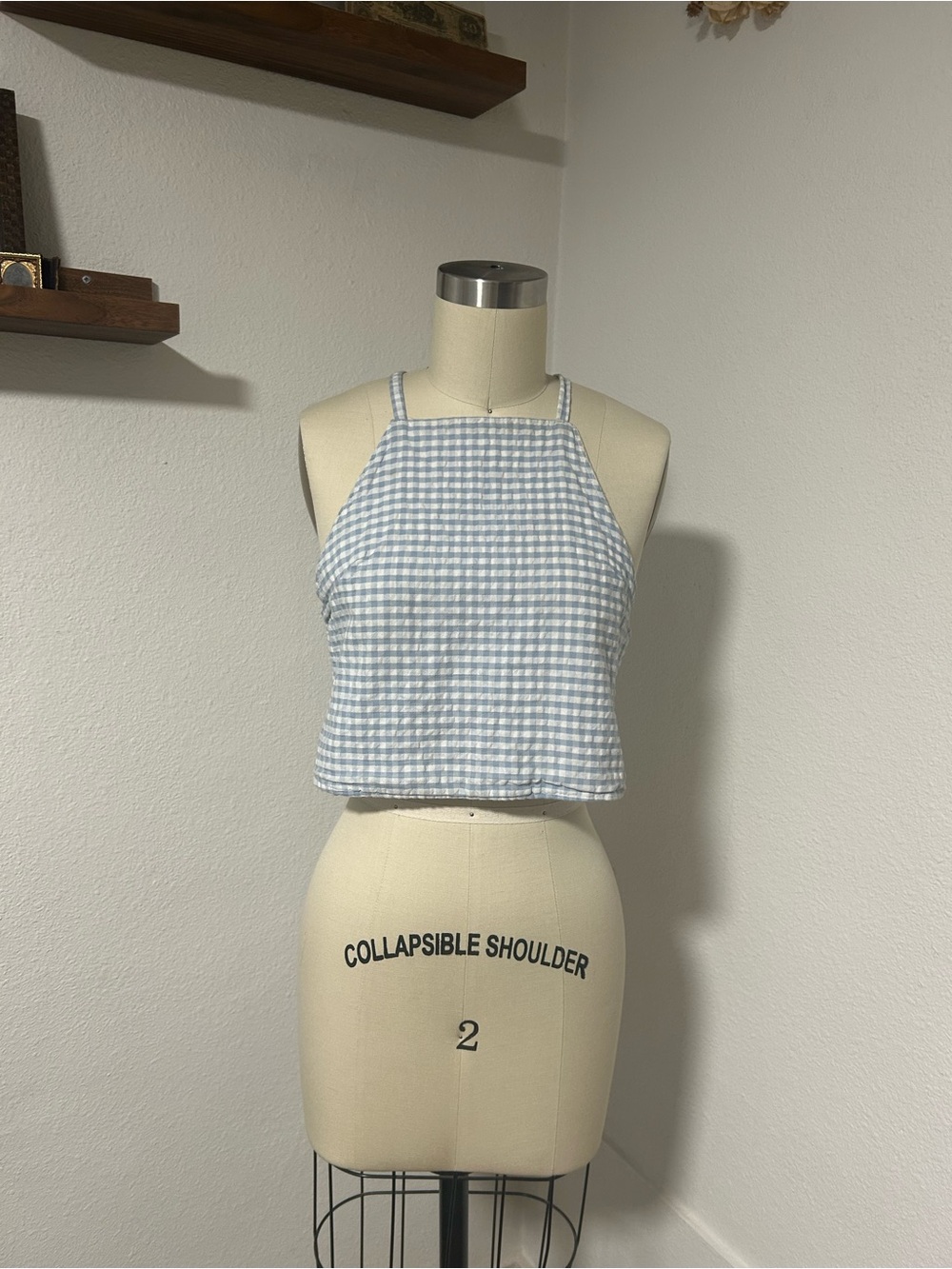 Light Blue Gingham Halter Crop Camisole